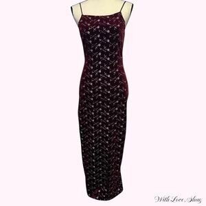 90s vintage square neck burgundy and silver glitter floral maxi velvet dress